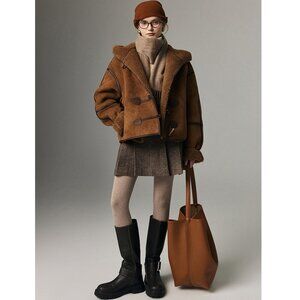 Brown Faux Shearling & Suede Crop Jacket - Toggle Closure & Hooded!